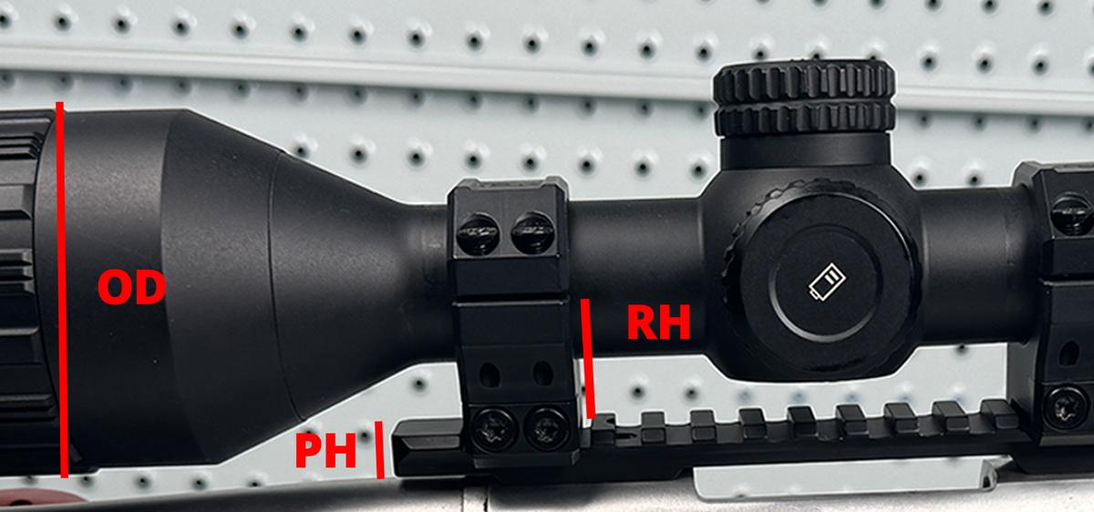 Side of a rifle scope on Picatinny rings, with OD, RH and PH marked in red.