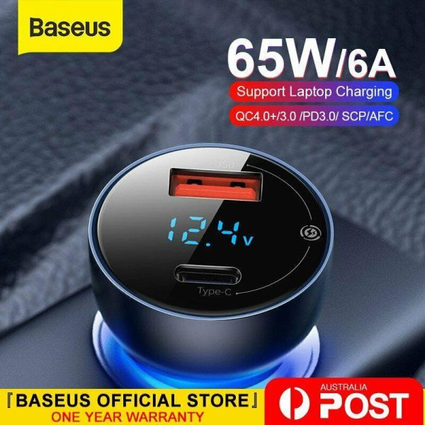 Baseus 65W Car Charger PD QC4.0 FAST Charge USB Type C Cigarette Lighter Adapter