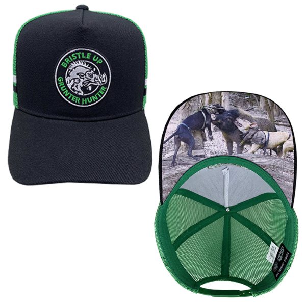 Black/Green Bristle Up Grunter Hunter Trucker Cap #007