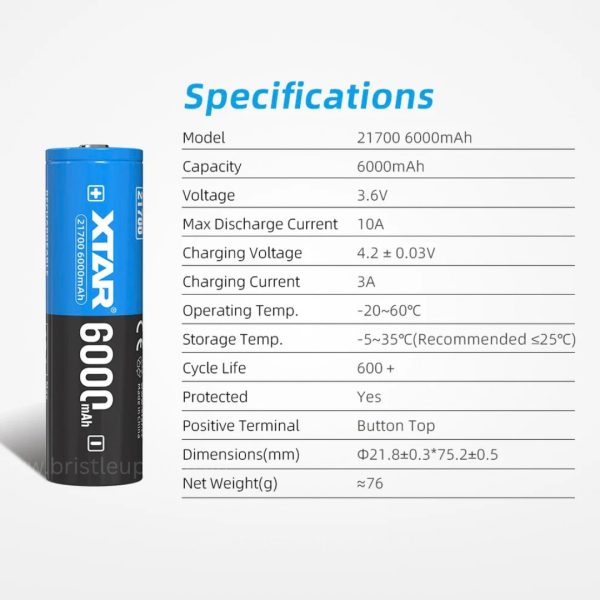 XTAR 21700 6000mAh 10A Protected Rechargeable Li-ion Battery - Image 5