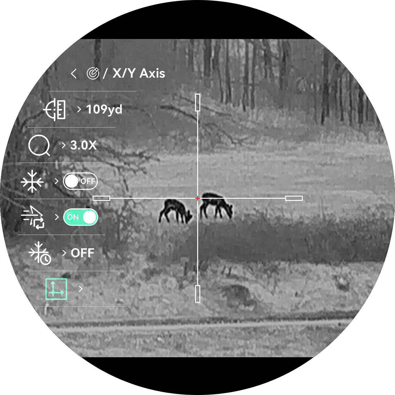 Stellar 4.0 thermal scope display showing the X/Y axis zeroing adjustment menu over a thermal image of deer