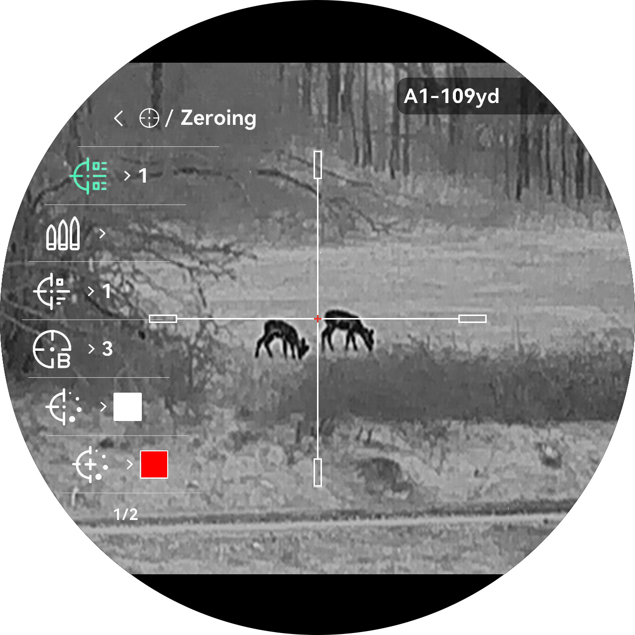 Thermal view through the Hikmicro Stellar 4.0 scope showing two deer in black hot with the on-screen zeroing menu and reticle