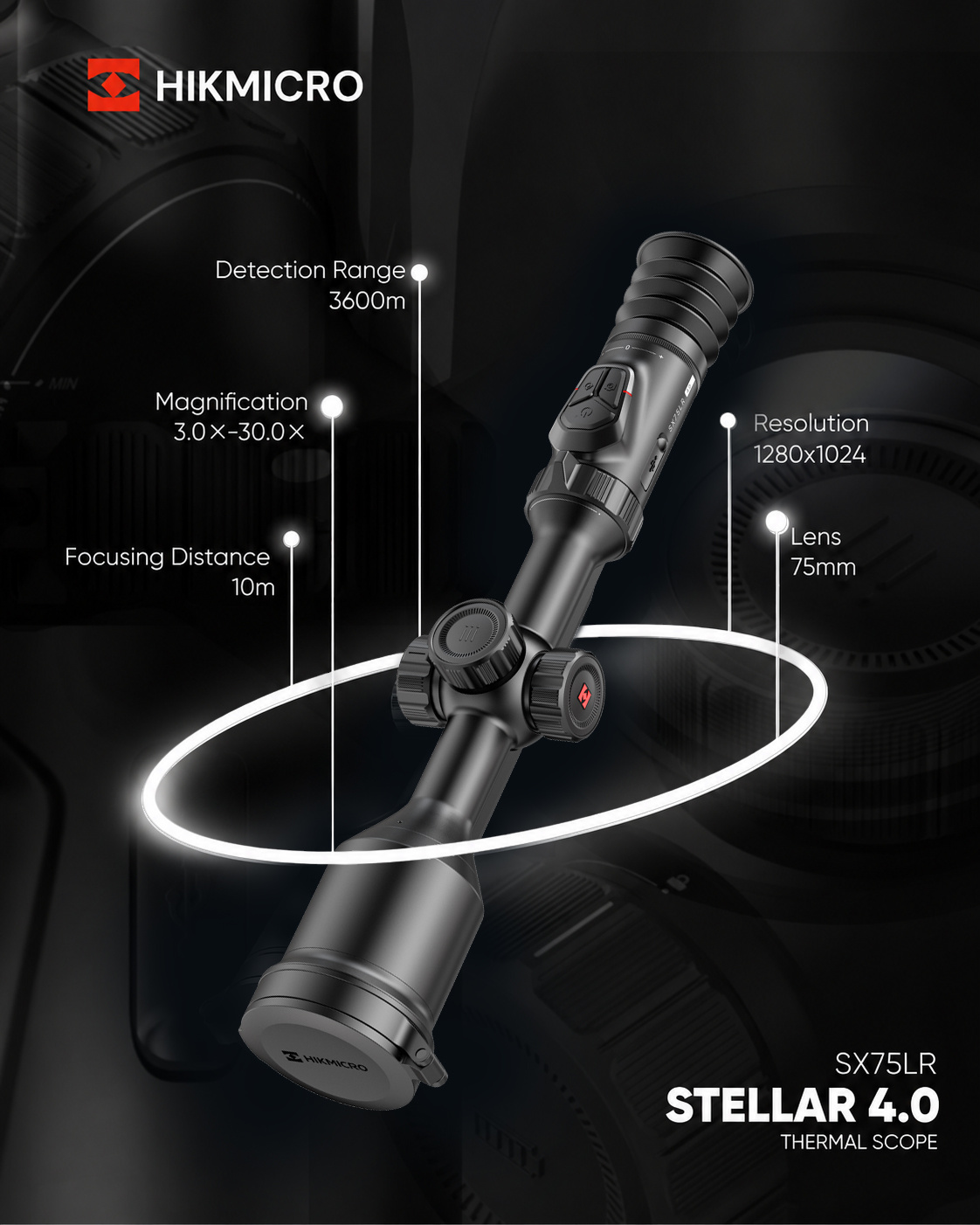 Hikmicro Stellar SX75LR 4.0 spec infographic: 3600 m detection range, 3.0x to 30x magnification, 1280x1024 resolution, 75 mm lens, 10 m focus distance
